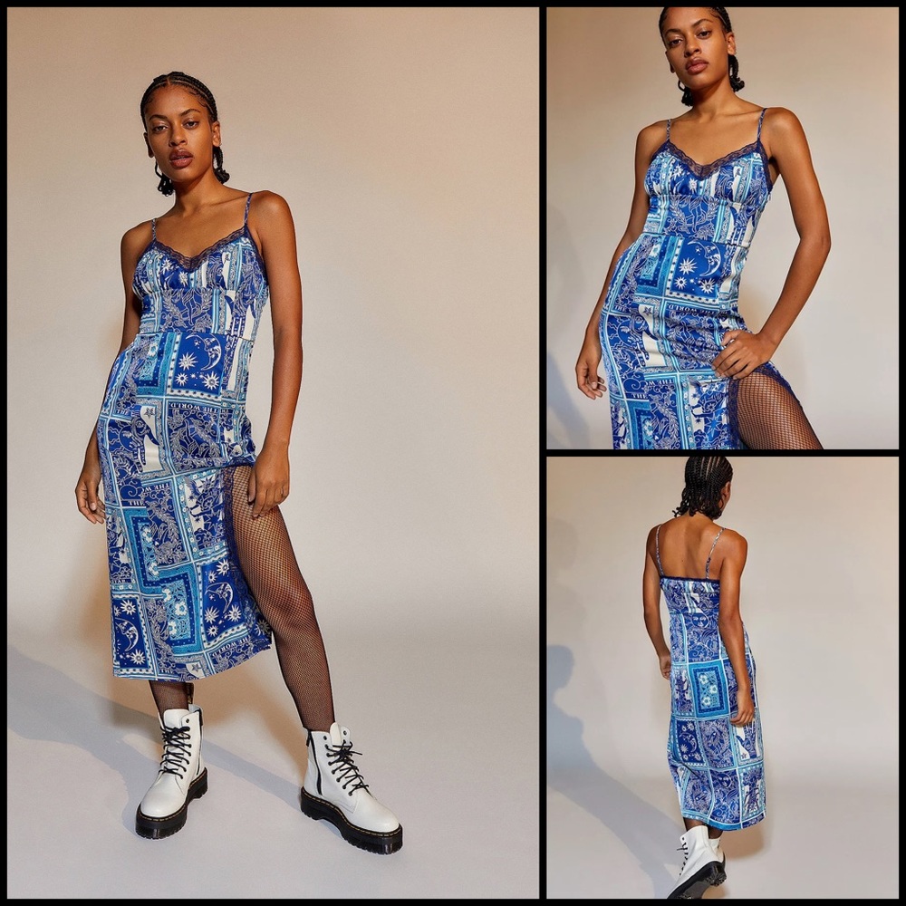 Urban Outfitters Audrey Blue Lace Midi Slip Dress Size S